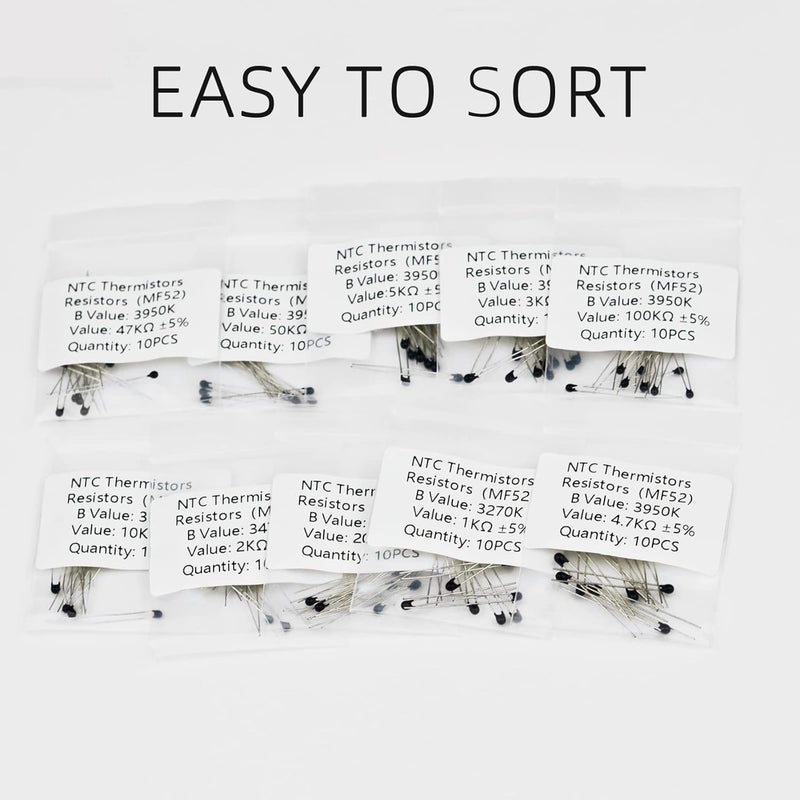 KOKISO NTC Thermistors Resistors MF52 3950K 10 Values 100 PCS Inrush Current Limiter Temperature Sensor Assorted Kit Assortment(1KΩ, 2KΩ, 3KΩ, 4.7KΩ, 5KΩ, 10KΩ, 20KΩ, 47KΩ, 50KΩ,100KΩ) - Image 5
